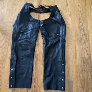Power Trip Mens Black Leather Pockets Adjustable Waist Motorcycle Chaps L